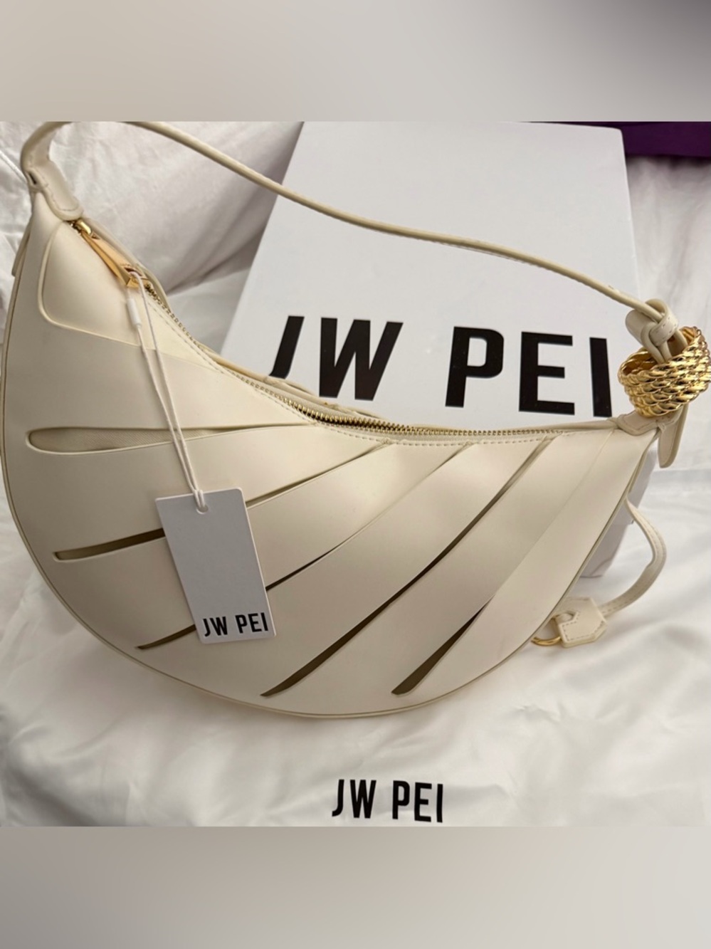 JW PEI Jana Hollow Out Shoulder White Sculpted Crescent Shoulder Bag - NIB NET